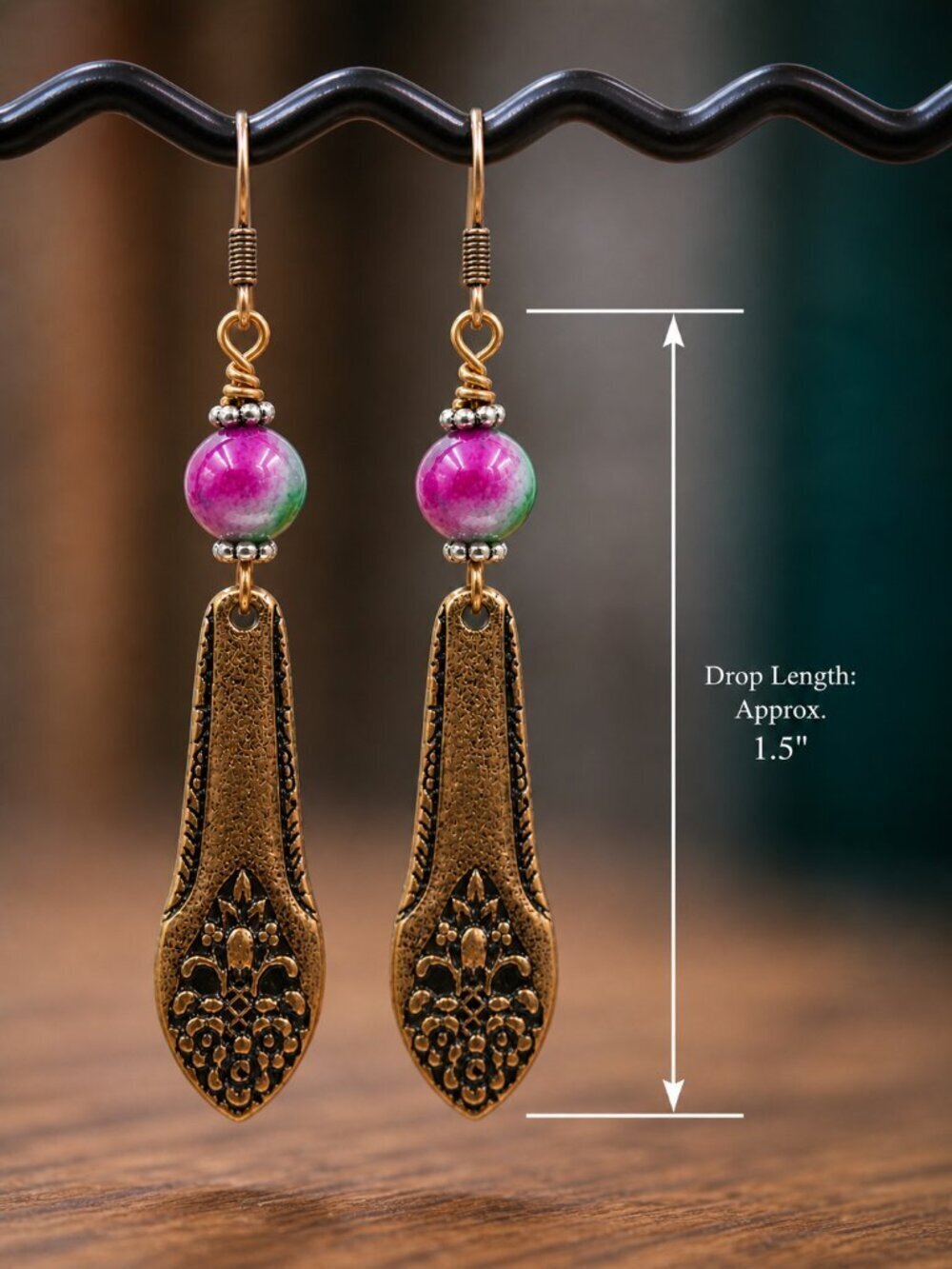 Antique Copper Filigree Drop Earrings With Beads - Picture 6 of 6